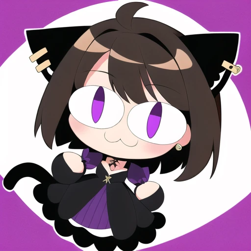 1girl, full body, :3, cat ears, chibi, cat girl, cat tail, solo, slit pupils, (short brown hair), glasses, (purple eyes), earrings, (black frilly dress), white background <lora:necoArcCharacters_necoArcv3final:0.7>