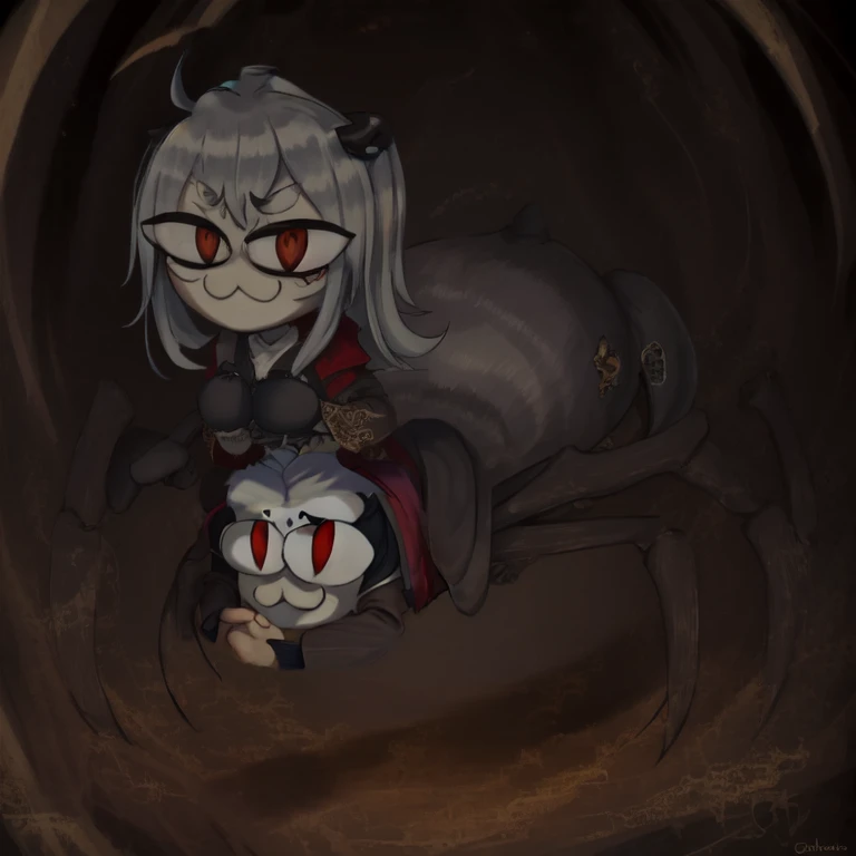 masterpiece, high quality, (high resolution:1.21), (detailed illustration), (2d), 1girl, :3, chibi, solo, slit pupils, beautiful face, crossed arms, ((black spider parts)), (twisted expression), (sanpaku eyes, small pupils:1.4), black sclera, dark-grey skin, red eyes, long wavy silver-white hair, long pointed elf ears, sharp teeth, devious smirk, (:>=:1.3), black leather chest armor, robes, black leather gloves, ruined temple, <lora:lottalewdsSpiderGirl_v1:0.7>, <lora:arachne128:0.73>, <lora:NAI-dark:0.5>, <lora:NAI-dark_ch2:0.5>, <lora:necoArcCharacters_necoArcv3final:1.3>, (neco-arc:1.5, necopose)