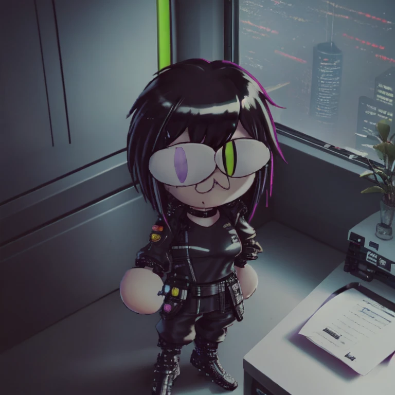 (masterpiece), (best quality), (cyberpunk:1.3), solo, 1girl, (very high angle shot:1.75), (wide angle shot:1.45) (fisheye lens), (full body), (slender), (small breasts), (wide hips), (pale skin), (emerald-green eyes), (white sclera), (mole under eye), (>:3), (slit pupils), (raised eyebrows), (multicolored hair), (short black punk hair), (long sidelocks), (piercings), (choker), ((cuffed) gloves), (oversized multicolored long sleeve hooded long parka), (baseball cap), (high waisted tight leather cargo pants), leotard, (wide tactical belt), (thigh holster), (standing:1.5), ((cyberpunk office interior, standing on polished office desk top):1.5), nighttime, diffused lighting, (2d), (looking at viewer:1.45), (sfw), <lora:necoArcCharacters_necoArcv3final:1.5>, (neco-arc:1.5, necopose:1.5), (chibi:1.4), <lora:NAI-dark:0.7>. <lora:realAnime_v1:0.5>