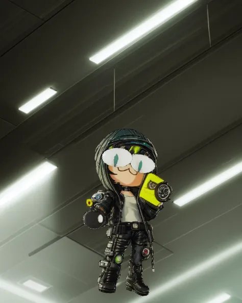 (masterpiece), (best quality), (cyberpunk:1.3), solo, 1girl, high angle shot, (full body), (slender), (small breasts), (wide hips), (pale skin), (emerald-green eyes), (white sclera), (mole under eye), (>:3), (slit pupils), (raised eyebrows), ((iridescent) multicolored hair), (short black punk hair), (long sidelocks), (piercings), (choker), ((cuffed) gloves), (open unzipped oversized blue tiger stripe print multicolored long sleeve hooded long parka), (baseball cap), (cross body strap shoulder bag), (high waisted tight leather cargo pants), (wide tactical belt), (thigh holster), (cyberpunk executive office interior:1.8), (standing on office desk:1.5), (holding up middle finger:1.4), (holding cyberpunk micro computer:1.5), wires on walls, nighttime, diffused lighting, (2d), (looking at viewer:1.45), <lora:middleFingerLORA_midfingv1:0.6>, (sfw), <lora:necoArcCharacters_necoArcv3final:1.5>, (neco-arc:1.5), (chibi:1.4), <lora:NAI-dark:0.4>