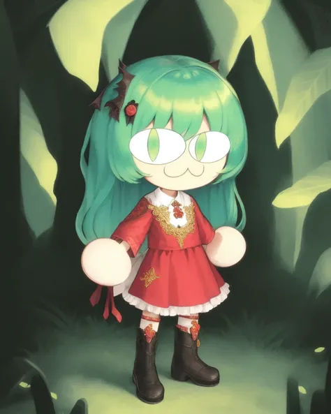 masterpiece, high quality, (high resolution:1.21), (detailed illustration), (2d), 1girl, Tsukuyomi Mana, :>=, chibi, full body, solo, slit pupils, pale skin, dark teal-green hair, dango hair, long sidelocks, red dress, white maid apron, green eyes, <lora:necoArcCharacters_necoArcv3final:1.2>, (neco-arc:1.4, necopose)