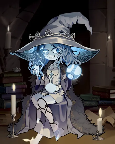 masterpiece, high quality, (high resolution:1.21), (detailed illustration), (2d), 1girl, Ranni the Witch, :>=, chibi, (blue porcelain skin), full body, solo, slit pupils, right eye closed, very long (dark-blue) hair, blue eyes, four-arms, (sitting on pile of books), dark library interior, floating candles, large white witch hat, white robes, grey fur cloak, doll joints, barefoot, <lora:necoArcCharacters_necoArcv3final:1.2>, (neco-arc:1.4, necopose), <lora:DarkSoulsPack:0.8>, <lora:NAI-dark:0.75>, <lora:ranni_128_epoch-000008:0.3>