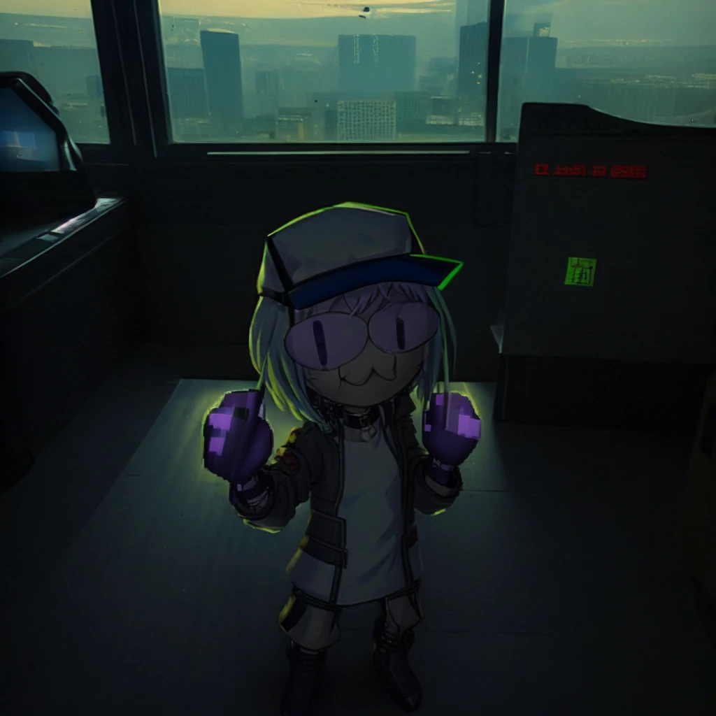 (masterpiece), (best quality), (cyberpunk:1.3), solo, 1girl, (very high angle shot:1.5), (fish-eye), (full body), (slender), (small breasts), (wide hips), (pale skin), (emerald-green eyes), (white sclera), (mole under eye), (>:3), (slit pupils), (raised eyebrows), ((iridescent) multicolored hair), (short black punk hair), (long sidelocks), (piercings), (choker), ((cuffed) gloves), (open unzipped oversized blue tiger stripe print multicolored long sleeve hooded long parka), (baseball cap), (cross body strap shoulder bag), (high waisted tight leather cargo pants), (wide tactical belt), (thigh holster), (standing:1.5), ((cyberpunk office interior, standing on office desk top):1.5), (holding up middle finger:1.45), nighttime, diffused lighting, (2d), (looking at viewer:1.45), <lora:middleFingerLORA_midfingv1:0.6>, (sfw), <lora:necoArcCharacters_necoArcv3final:1.5>, (neco-arc:1.5), (chibi:1.4), <lora:NAI-dark:0.7>, <lora:realAnime_v1:1>