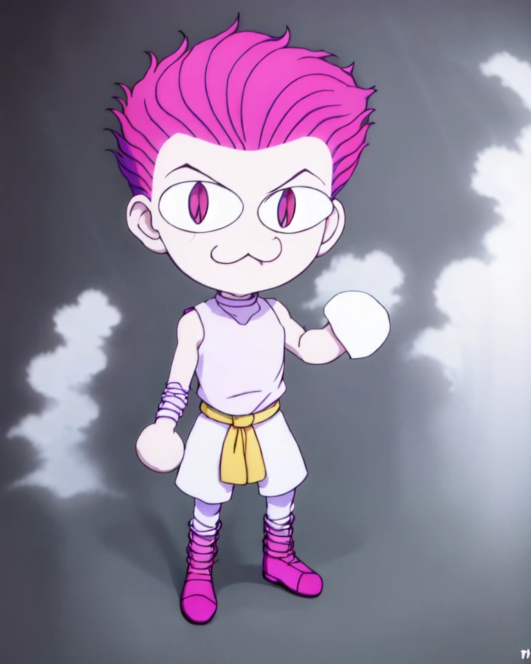 masterpiece, high quality, (high resolution:1.21), (detailed illustration), (2d), (Hisoka Morow) 1boy, :>=, (chibi:1.3), full body, solo, slit pupils, pale skin, short magenta hair, yellow eyes, white crop top, white pants, yellow cloth wrapped around waist, purple shoes, <lora:necoArcCharacters_necoArcv3final:1.2>, (neco-arc:1.4, necopose) <lora:hunterXHunterLORAStyle_1:0.8>