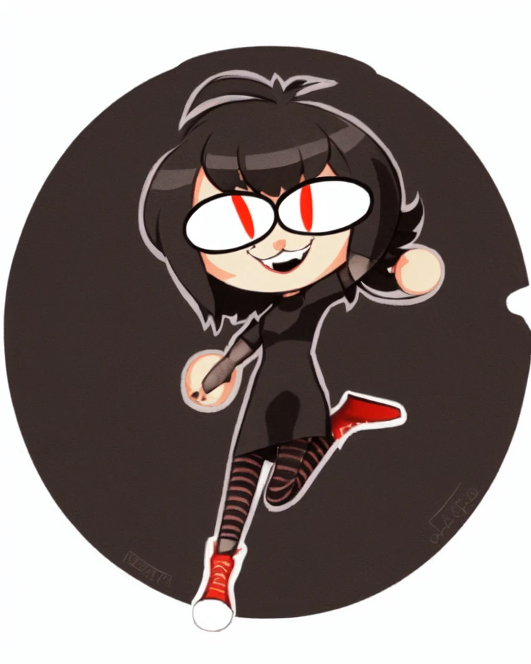 masterpiece, high quality, (high resolution:1.21), (detailed illustration), (2d), (Mavis Dracula), 1girl, :>=, (chibi:1.3), full body, solo, slit pupils, pale skin, short black hair, short sleeve black dress, red and black striped stockings, mesh gloves, red canvas sneakers, <lora:necoArcCharacters_necoArcv3final:1.2>, (neco-arc:1.4, necopose) <lora:mavisDracula_v1:0.8>