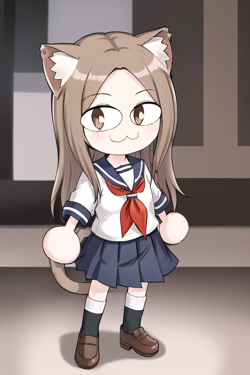 masterpiece, best quality, masterpiece, 

 <lora:0Style - Neco-Arc Characters:1>, 1girl, full body, :3, cat ears, chibi, cat girl, cat tail, solo, slit pupils, necopose,
 <lora:3Character - [Teasing Master Takagi-san] Takagi:0.5>, takagi-san,school_uniform, serafuku, skirt, sailor_collar,bare forehead, long_hair, black_sailor_collar, pleated_skirt, brown_eyes,brown_hair,short_sleeves, black_skirt,red_neckerchief,