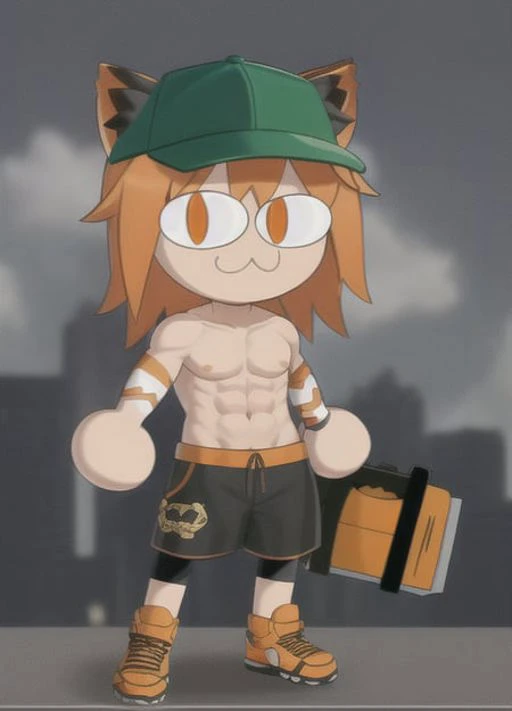 full body, :3, cat ears, chibi, cat girl, cat tail, solo, slit pupils, john cena, masterpiece, best quality, baseball cap, abs, pectorals, topless male, orange shorts, orange headwear,