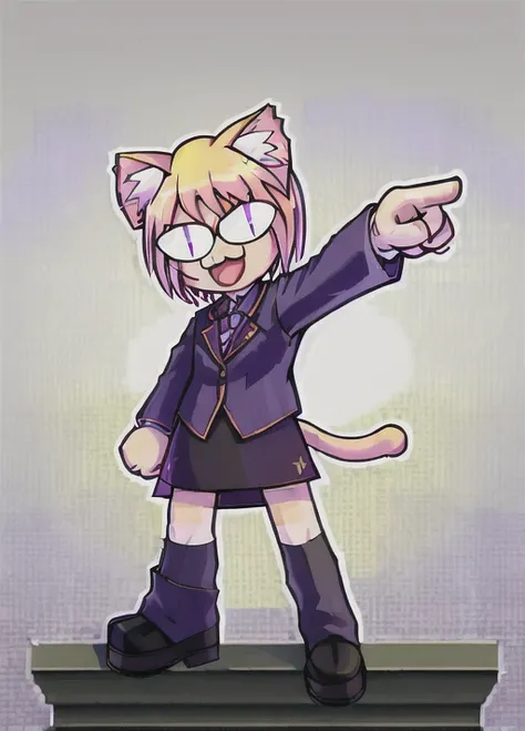ultra detailed, highres, masterpiece, objection, ace attorney, pointing, 1boy, solo, full body, :3, cat ears, chibi, cat girl, cat tail, solo, slit pupils, purple skirt, arcueid brunestud, white sweater, blonde hair,