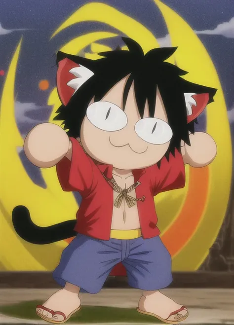 ultra detailed, highres, masterpiece, wanostyle, monkey d luffy, 1boy, full body, :3, cat ears, chibi, cat girl, cat tail, solo, slit pupils, straw hat