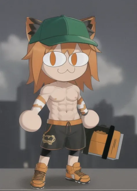 full body, :3, cat ears, chibi, cat girl, cat tail, solo, slit pupils, john cena, masterpiece, best quality, baseball cap, abs, pectorals, topless male, orange shorts, orange headwear,