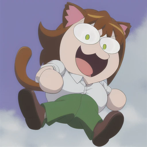 Peter Griffin, full body, :3, cat ears, chibi, cat girl, cat tail, solo, slit pupils, masterpiece, best quality, brown footwear, green pants,