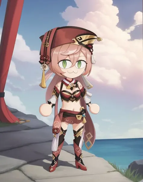 necoarc, yanfei \(genshin impact\), full body, 1girl, :3, full body, chibi, cat girl, solo, slit pupils,bare shoulders, bow, crop top, green eyes, hair between eyes, long hair, midriff, navel, pink hair, red headwear, red skirt, skirt, yellow bow, antlers, black bloomers, detached sleeves, hat, pom pom \(clothes\), red headwear, tassel, 2d, cartoon