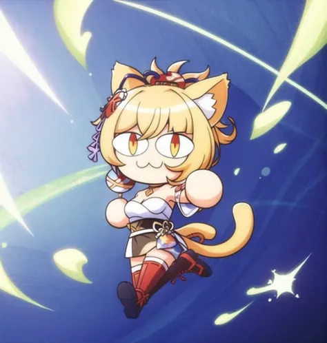 necoarc, yoimiya \(genshin impact\), full body, 1girl, :3, cat ears, full body, chibi, cat girl, cat tail, solo, slit pupils, yoimiya, 2d, cartoon