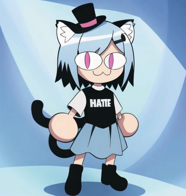 necoarc, middle finger, full body, 1girl, :3, cat ears, full body, chibi, cat girl, cat tail, solo, slit pupils, mini top hat, bow-shaped hair, silver eyes, t-shirt and overall skirt, 2d, cartoon