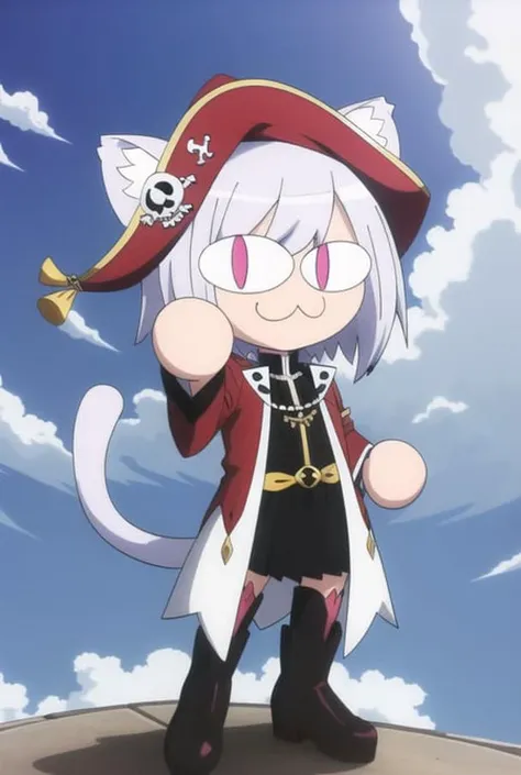 neco arc, middle finger, full body, 1girl, :3, cat ears, full body, chibi, cat girl, cat tail, solo, slit pupils, pirate hat, undercut, magenta eyes, tailcoat and skirt, 2d, cartoon, anime coloring