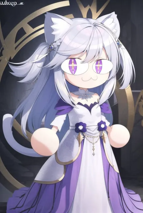 necopose, neco spirit, full body, 1girl, :3, cat ears, full body, chibi, cat girl, cat tail, solo, slit pupils, low-braided long hair, dark purple eyes, sukajan and long skirt, white background, simple background, incredibly absurdres, best quality