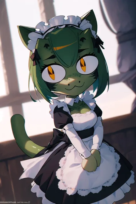 anime, hdr, soft light, ((best quality)), ((masterpiece)), (detailed), <lora:LustyArgonian_10_15:0.8> lustyargonian, maid, green skin, colored skin, (snout, animal nose:1.1), neco-arc, :3, cat ears, chibi, cat girl, cat tail, solo, slit pupils, <lora:Neco-Arc:1>