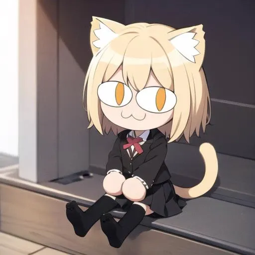 masterpiece, best quality, sitting, school uniform, 1girl, full body, :3, cat ears, chibi, cat girl, cat tail, solo, slit pupils , blonde hair, <lora:necoArcCharacters_necoArcv3final:1>