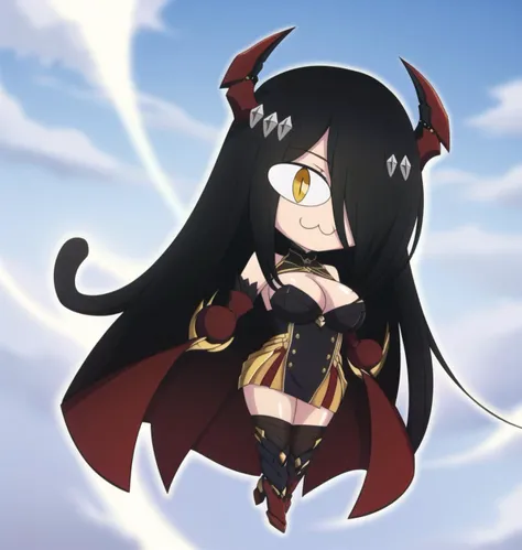 necoarc, friedrich der grosse \(azur lane\), full body, 1girl, :3, cat ears, full body, chibi, cat girl, cat tail, solo, slit pupils, black dress, black hair, breasts, dress, gloves, gold trim, hair ornament, hair over one eye, horns, large breasts, long hair, red gloves, red horns, yellow eyes, 2d, cartoon