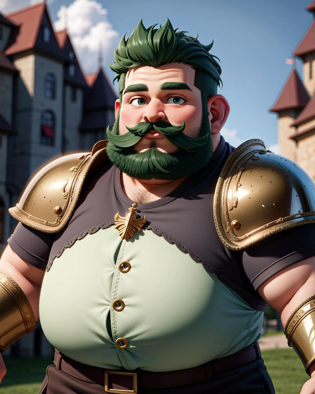 ((masterpiece), best quality, high quality, professional quality, highly detailed, highres, perfect lighting, natural lighting), (1boy, overweight, handsome, mustache, short hair, green hair), wearing armor, running, in a castle, perfecteyes eyes, <lora:lora_perfecteyes_v1_from_v1_160:1>