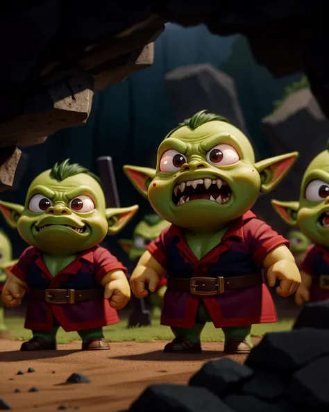 ((masterpiece), best quality, high quality, professional quality, highly detailed, highres, perfect lighting, natural lighting), goblin army, marching, dark cave, weapons drawn, ugly faces, long fangs, wearing ragged clothing, gross, disgusting