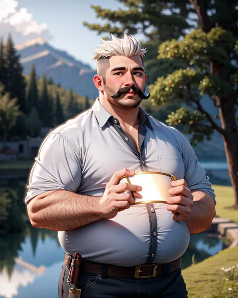 ((masterpiece), best quality, high quality, professional quality, highly detailed, highres, perfect lighting, natural lighting), (1boy, overweight, handsome, mustache, short hair, white hair), wearing fantasy clothing, casting a spell, by a lake, perfecteyes eyes, <lora:lora_perfecteyes_v1_from_v1_160:1>