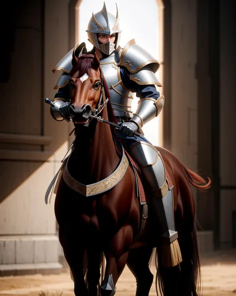 ((masterpiece), best quality, high quality, professional quality, highly detailed, highres, perfect lighting, natural lighting), knight, wearing armor, holding weapon, horseback, stallion, battle against army
