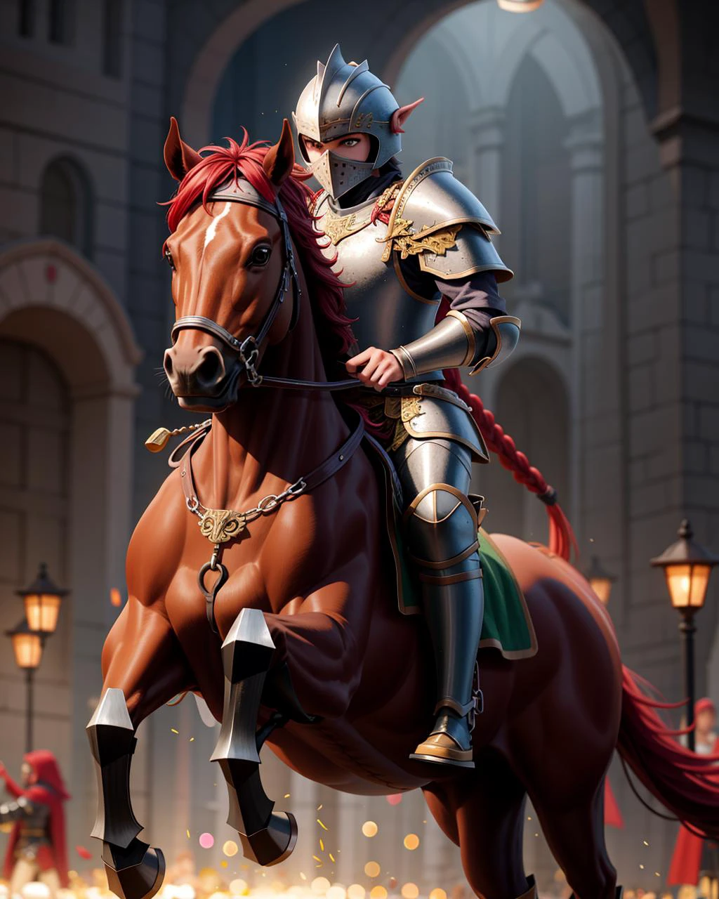 ((masterpiece), best quality, high quality, professional quality, highly detailed, highres, perfect lighting, natural lighting), knight, wearing armor, holding weapon, horseback, stallion, battle against orcs