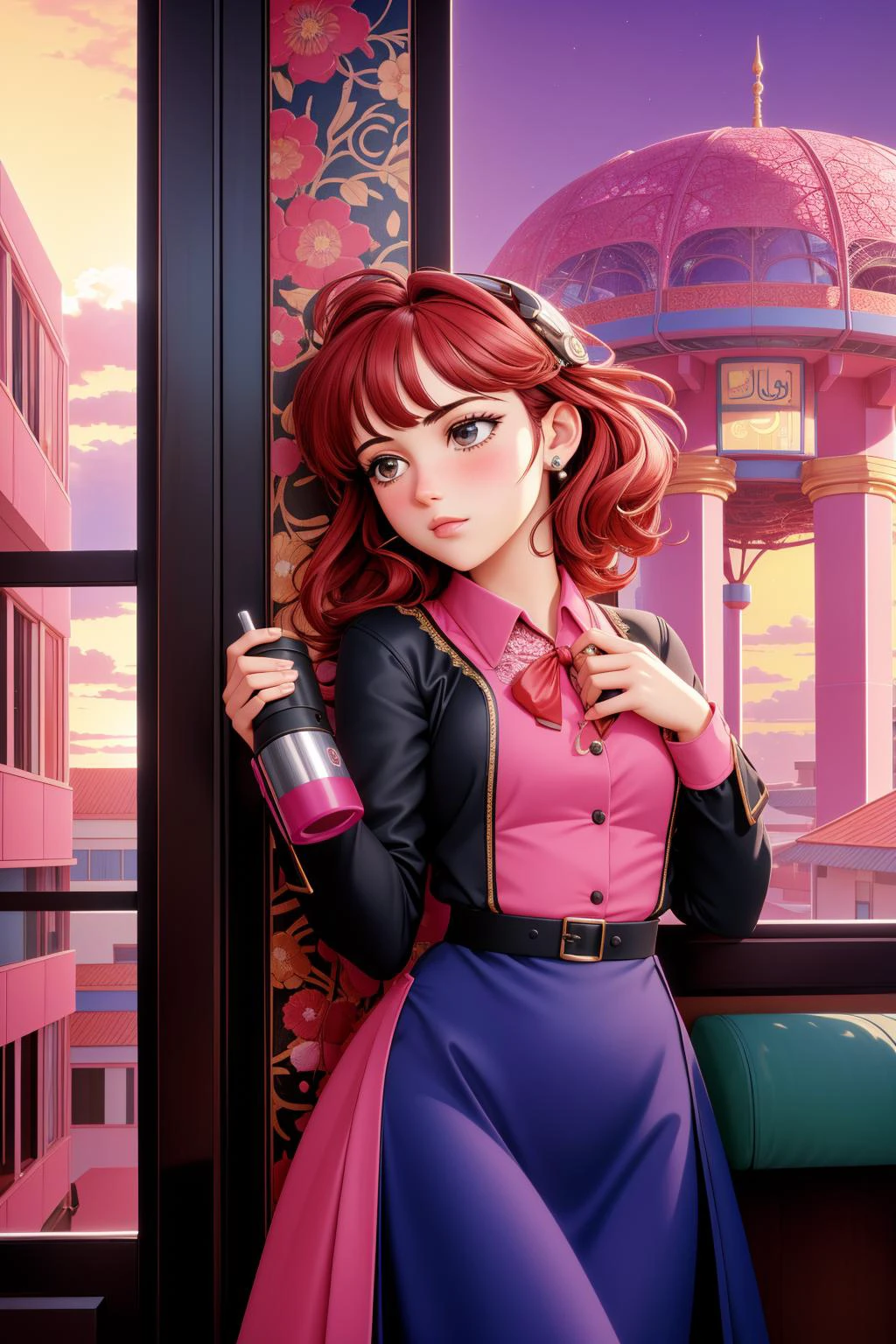1girl, awardwinning business photo of, [Zulu:Iraqi:14] flowers and Space-time curvature in background, Rule of Thirds, POV shot of a Metalhead ([Travel mug|Banyan]:1.3) , it is very Aestheticism and Anxious, it is made by Audi, it is engraved with Lace and Cyberpunk details, (Burgundy theme:0.7) , from inside of a 1900'S Guam, at Sunset, Very wide view, colorful art, (by Édouard Vuillard:1.3) , (George Ault:1.2) , (Penelope Rosemont:0.9) , Flustered, Cloudpunk, Direct light, sharp and in focus, Kodak portr400, Depth of field 100mm, Cinestill, deep pink background, (dark white and tiger print:0.7) , extremely beautiful, 8K, contrasting colors