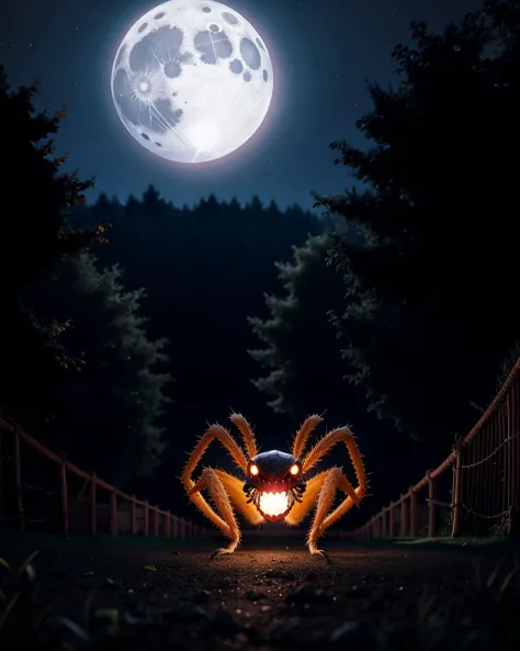 ((masterpiece), best quality, high quality, professional quality, highly detailed, highres, perfect lighting, natural lighting), giant spider, weaving web, between two trees, at night, moonlight, terrifying, horror theme