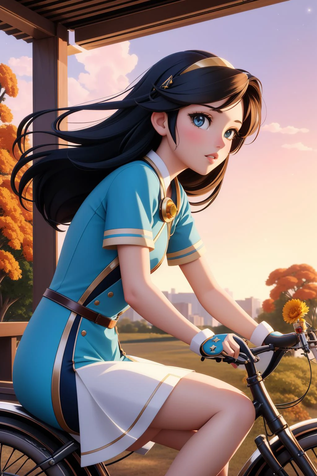 1girl, (stylized by Peter Chung:1.2) and (Hinchel Or:0.7) , professional Cycles render, concept art, side view shot of a kinetic art Bright Roma ([Sycamore|Bicycle] of Bliss:1.3) , it is in a Neo-Tokyo setting, it is sleek, TaishÅ Era background, desolate roots with Marigolds, Stars in the sky, equirectangular 360, Romantic, Pre-raphaelitism, studio lighting, Depth of field 270mm, Electic Colors, Rule of Thirds, Frost and Magic, Highres, octane engine