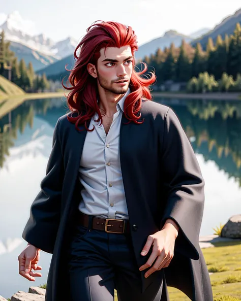 ((masterpiece), best quality, high quality, professional quality, highly detailed, highres, perfect lighting, natural lighting), (1boy, muscular, handsome, no facial hair, medium length hair, red hair), wearing wizard robes, running, by a lake, perfecteyes eyes, <lora:lora_perfecteyes_v1_from_v1_160:1>