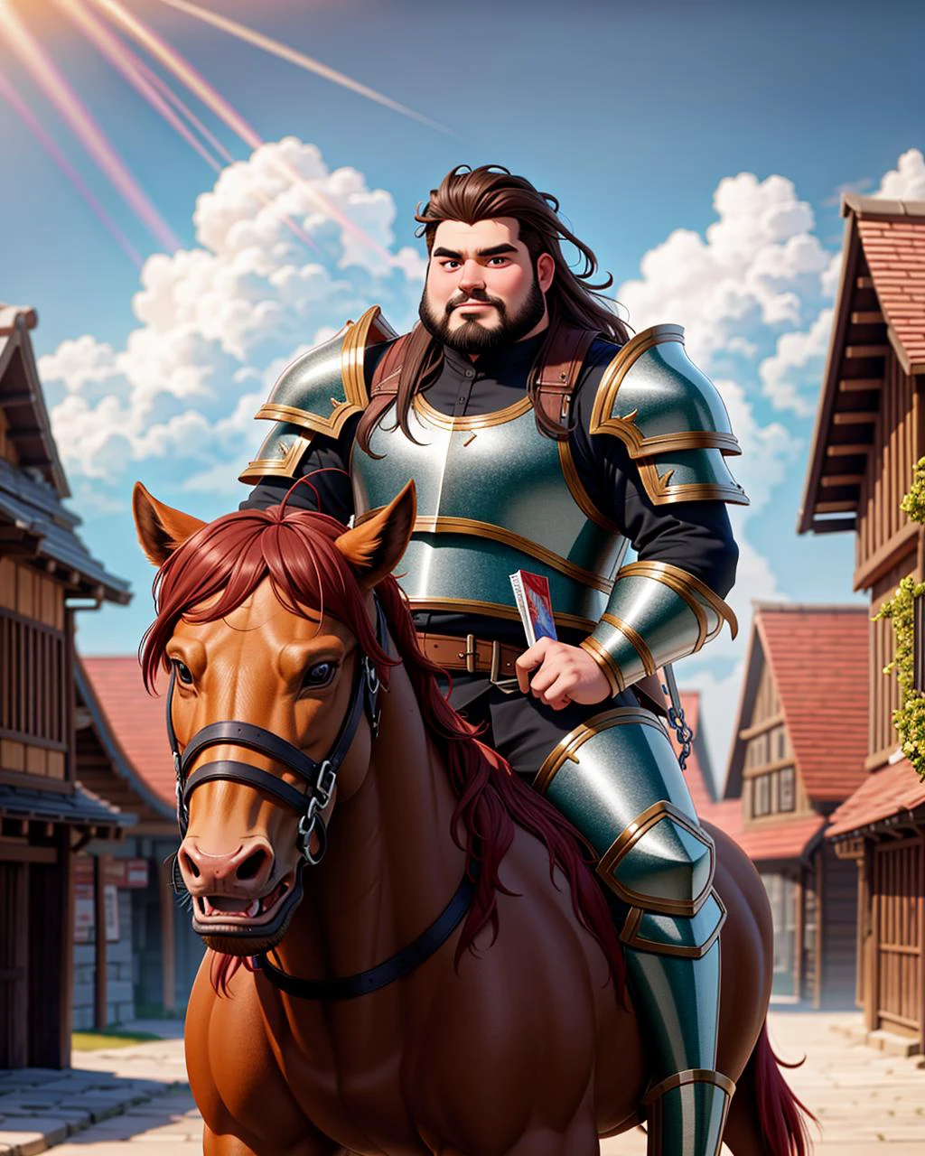 ((masterpiece), best quality, high quality, professional quality, highly detailed, highres, perfect lighting, natural lighting), (1boy, overweight, handsome, no facial hair, long hair, brown hair), wearing armor, riding a dragon, in a fantasy town, perfecteyes eyes, <lora:lora_perfecteyes_v1_from_v1_160:1>