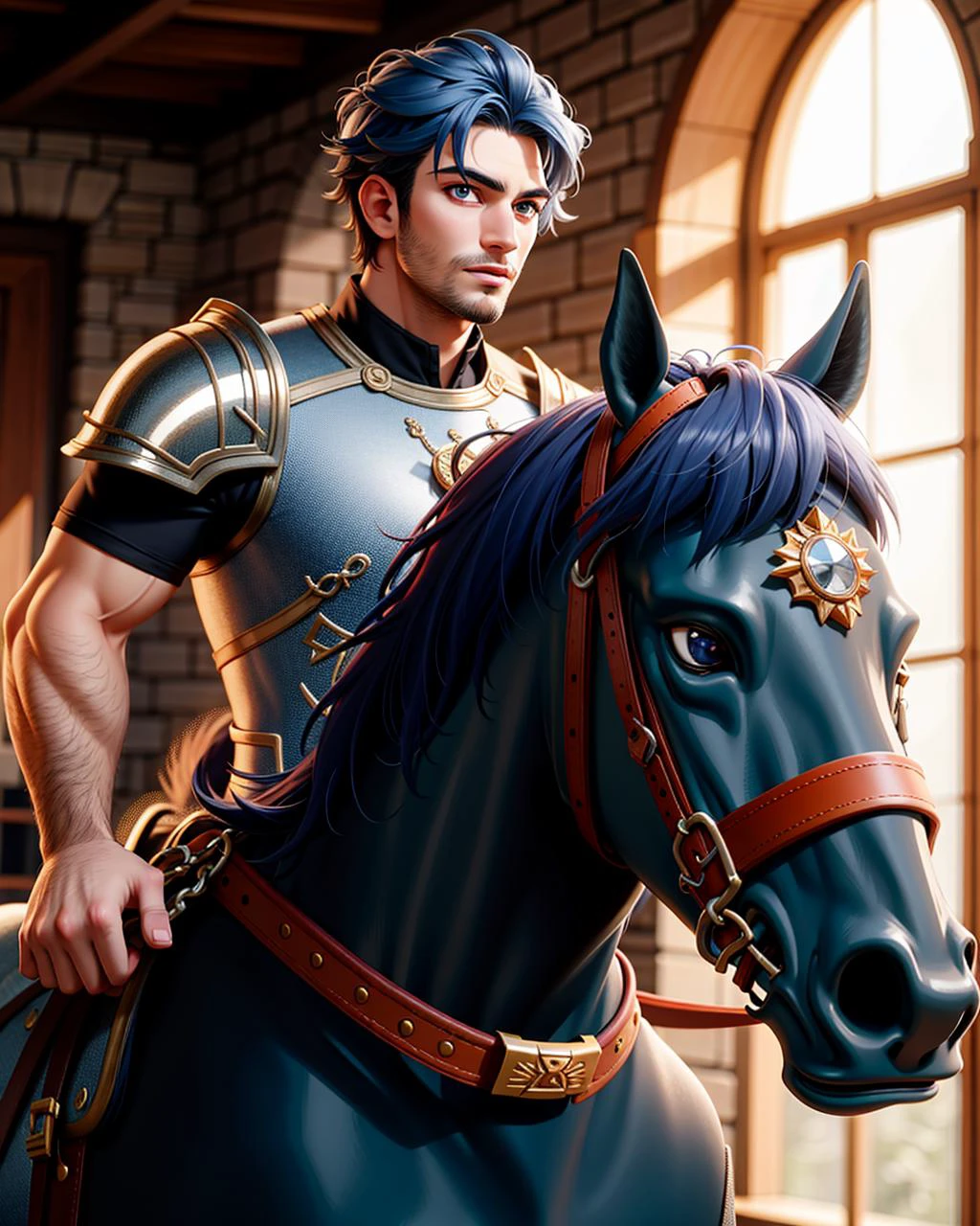 ((masterpiece), best quality, high quality, professional quality, highly detailed, highres, perfect lighting, natural lighting), (1boy, muscular, handsome, no facial hair, medium length hair, blue hair), wearing armor, riding a horse, in a castle, perfecteyes eyes, <lora:lora_perfecteyes_v1_from_v1_160:1>
