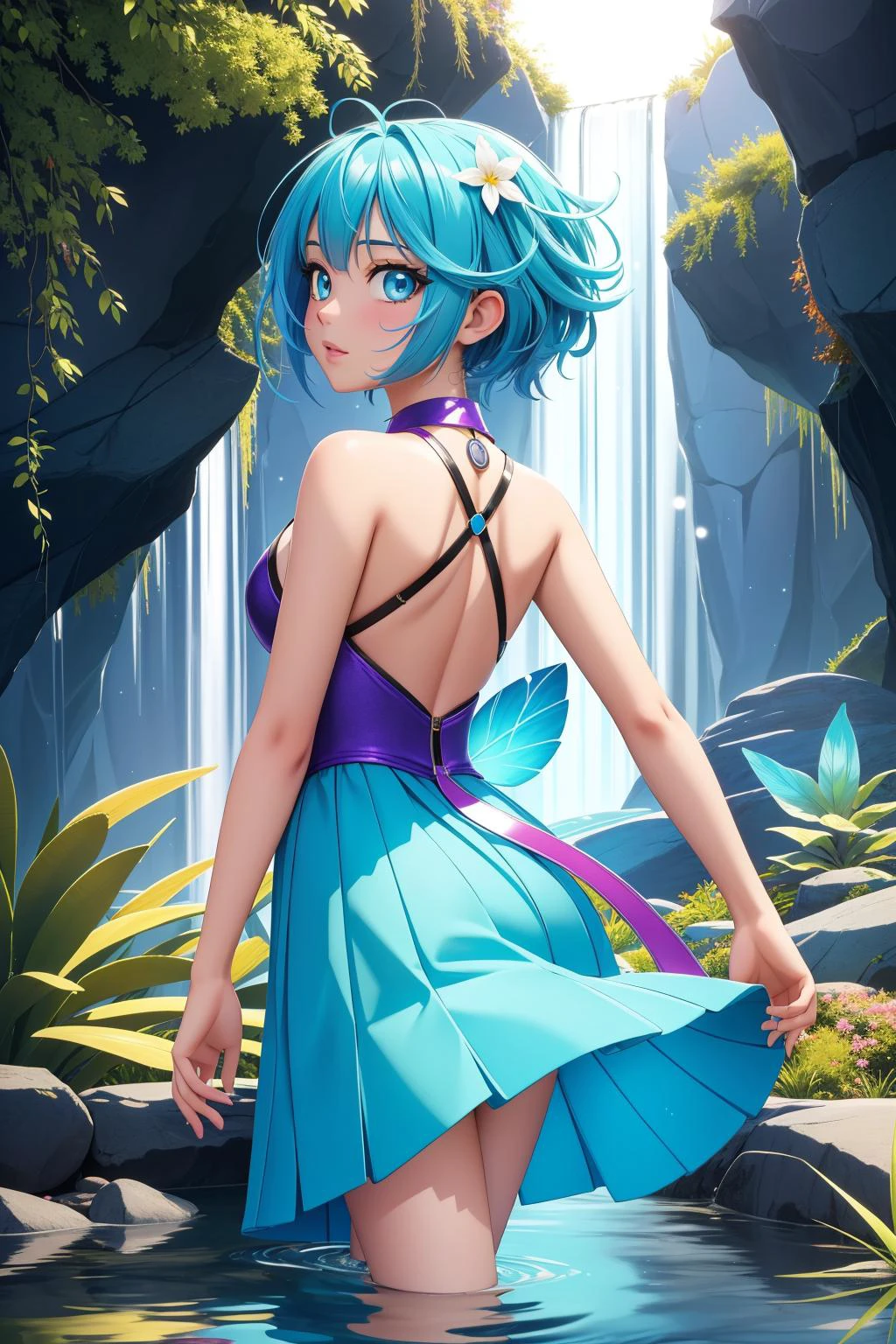 1girl, (character art designed by Hajime Yatate:1.1) , colorful Tranquil Relaxing Atmosphere, fairy tale, establishing shot of a Modern Art Bizarre ("My girl, talking 'bout my girl.":1.3) , background is Interesting Footbridge, deep purple flora with Cactus spines, Spring, deep focus, Movie still, Light and Bright, Thriftcore, back-light, Selective focus, fluorescent blue color grading, Elemental and Water, glitter texture, High quality, 8K