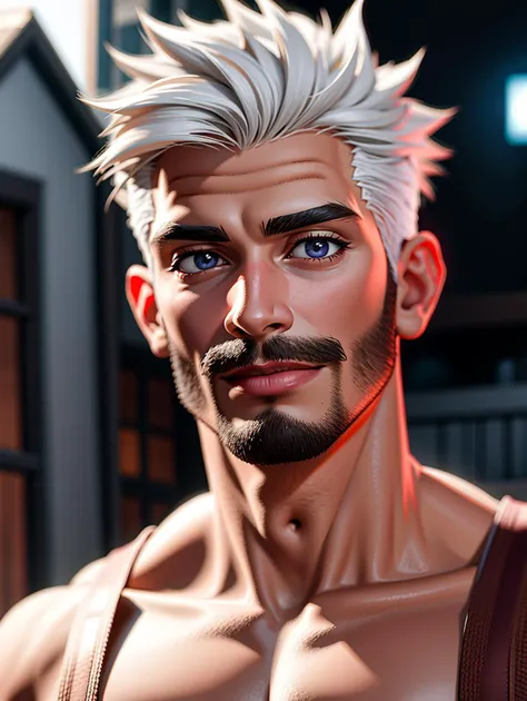 ((masterpiece), best quality, high quality, professional quality, highly detailed, highres, perfect lighting, natural lighting), (1boy, muscular, handsome, facial hair, short hair, white hair), wearing fantasy clothing, running, in a fantasy town, perfecteyes eyes, <lora:lora_perfecteyes_v1_from_v1_160:1>