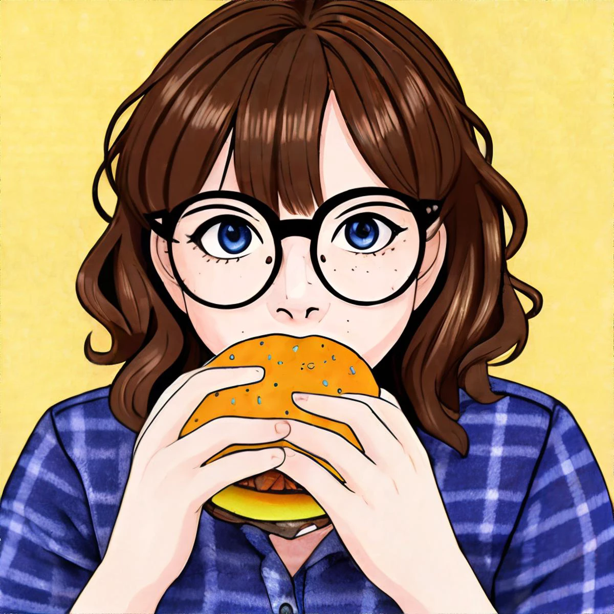 <lora:eatinghamburger-anime:0.6>, <lora:bzl:0.8>, bzl_test eating a hamburger, nom hamburger, two hands, flannel shirt, curly brown hair, (grey|blue) eyes, glasses, (freckles:0.4), simple background || masterpiece, 8k, high resolution, shallow depth of field, sharp focus