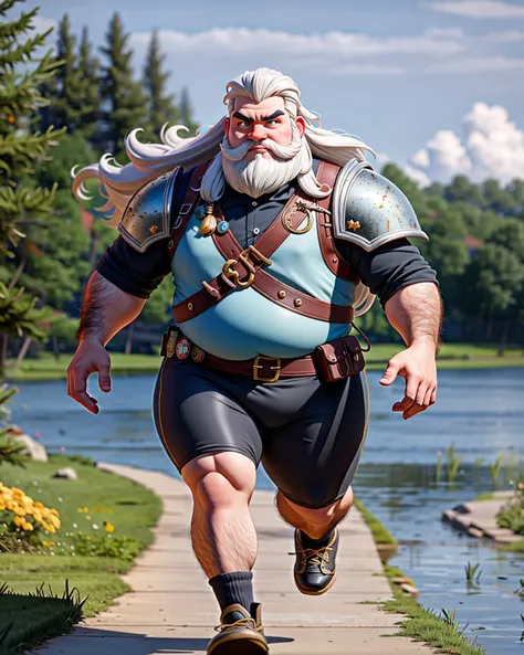 ((masterpiece), best quality, high quality, professional quality, highly detailed, highres, perfect lighting, natural lighting), (1boy, overweight, handsome, long beard, long hair, white hair), wearing armor, running, by a lake, perfecteyes eyes, <lora:lora_perfecteyes_v1_from_v1_160:1>