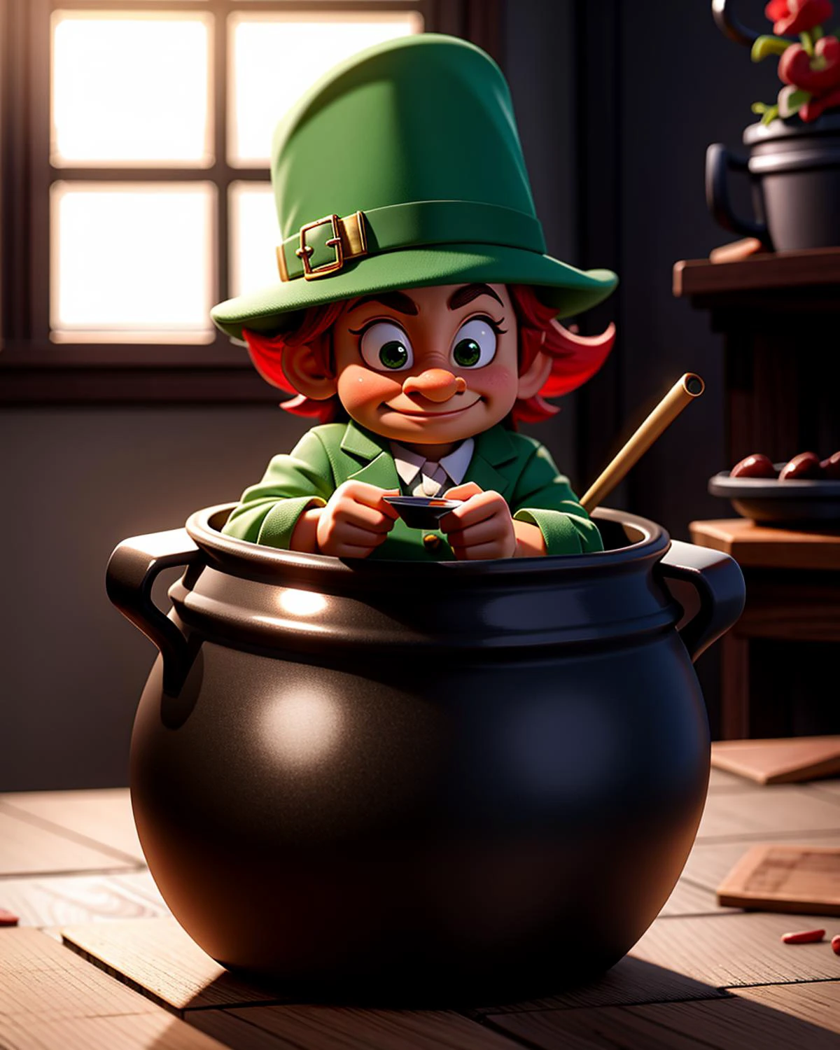 ((masterpiece), best quality, high quality, professional quality, highly detailed, highres, perfect lighting, natural lighting), leprechaun, hopping, on rainbow, holding pot of gold