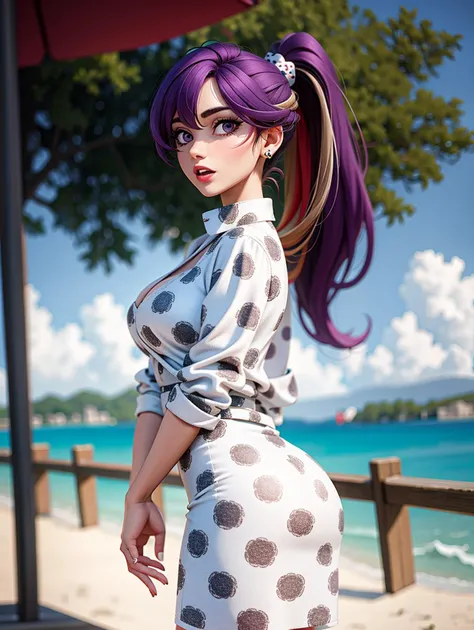 ((masterpiece), best quality, high quality, professional quality, highly detailed, highres, perfect lighting, natural lighting), (1girl, beautiful, medium breasts, (multicolored hair, white hair,brown hair,purple hair, long hair, high ponytail), perfecteyes eyes), (wearing dalmation print, extremelyBeautiful_beautifulclotheswild/Extremely beautiful clothes), on the beach, walking the boardwalk, <lora:lora_perfecteyes_v1_from_v1_160:1>