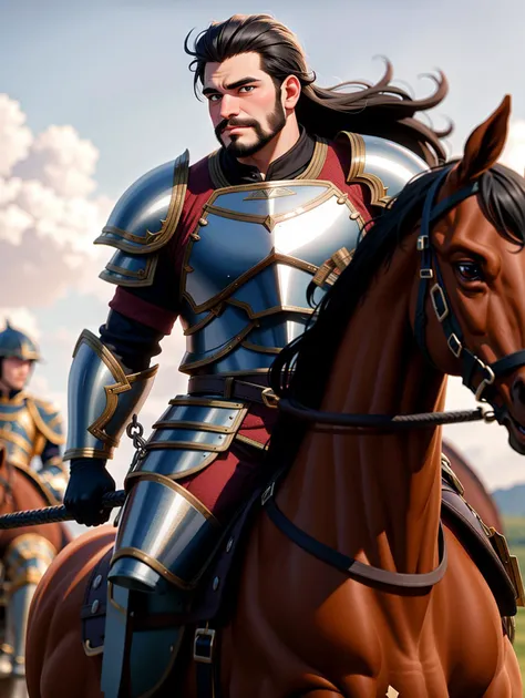 ((masterpiece), best quality, high quality, professional quality, highly detailed, highres, perfect lighting, natural lighting), (1boy, overweight, handsome, facial hair, long hair, black hair), wearing armor, riding a horse, on a battlefield, perfecteyes eyes, <lora:lora_perfecteyes_v1_from_v1_160:1>