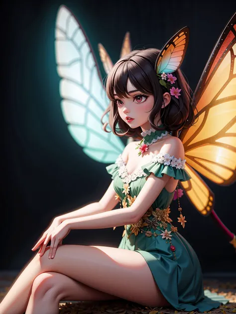 ((masterpiece), best quality, high quality, professional quality, highly detailed, highres, perfect lighting, natural lighting), beautiful fairy, butterfly wings, multicolored wings, translucent wings, sitting, on flower