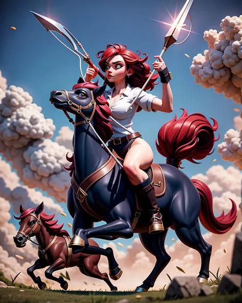 ((masterpiece), best quality, high quality, professional quality, highly detailed, highres, perfect lighting, natural lighting), female centaur, charging, bow and arrow drawn, in battle against monsters