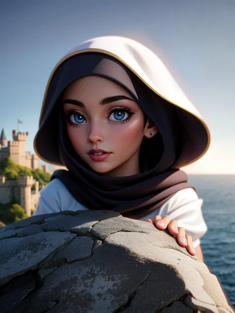 ((masterpiece), best quality, high quality, professional quality, highly detailed, highres, perfect lighting, natural lighting), Monk, Sheikh, Short, Sculpted, Oval Face, Tan Skin, Light Brown Hair, Blue Eyes, Wide Nose, Thin Lips, Round Chin, Mutton Chops, Medium, Bald, A sprawling castle, perched high on a rocky cliff overlooking the sea, perfecteyes eyes, <lora:lora_perfecteyes_v1_from_v1_160:1>