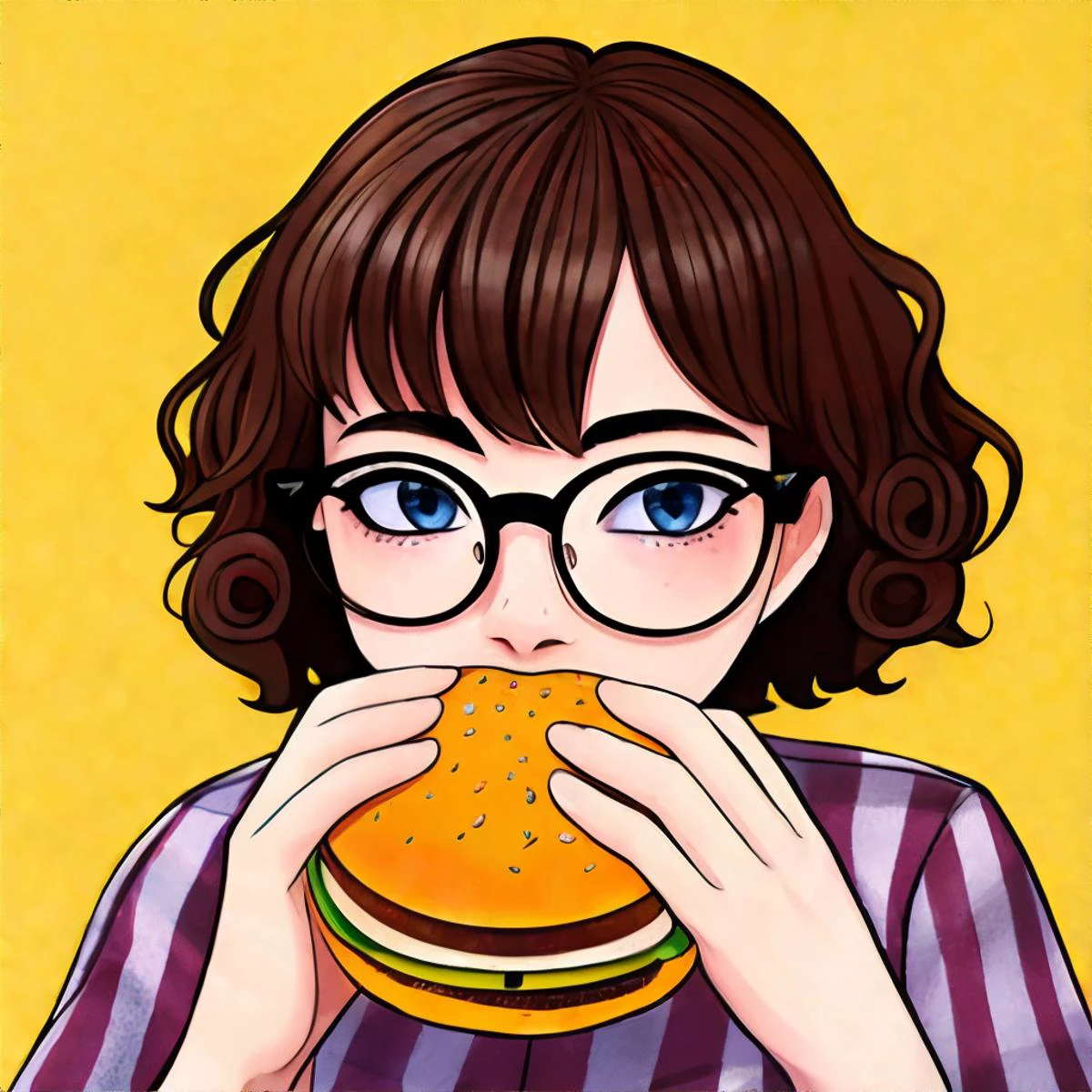 <lora:eatinghamburger-anime:0.6>, <lora:bzl:0.8>, bzl_test eating a hamburger, nom hamburger, two hands, flannel shirt, curly brown hair, (grey|blue) eyes, glasses, (freckles:0.4), simple background || masterpiece, 8k, high resolution, shallow depth of field, sharp focus