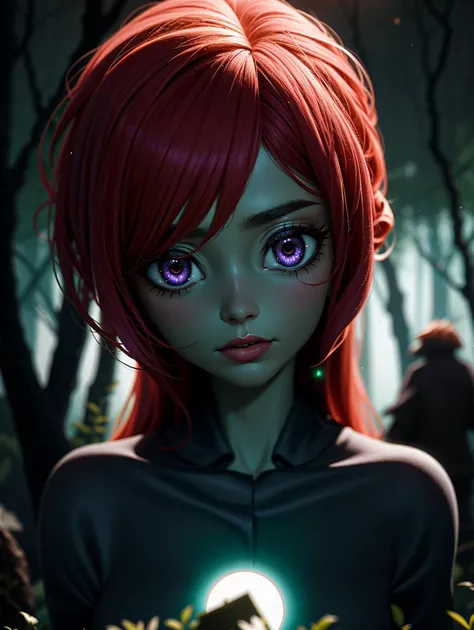 ((masterpiece), best quality, high quality, professional quality, highly detailed, highres, perfect lighting, natural lighting), time-bending, sentient android, A world covered in dense, otherworldly forests, where the trees emit a bioluminescent glow during the long nights., Alien Jungle, phoenix, chimera, perfecteyes eyes, <lora:lora_perfecteyes_v1_from_v1_160:1>