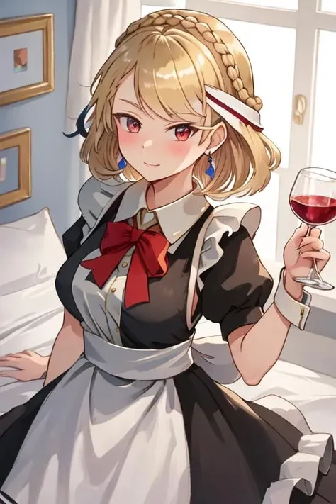best quality, masterpiece, highres, solo, {maid:1.40}, {long maid dress:1.15}, {prince_of_wales_azurlane:1.15}, blonde_hair, red_eyes, braid, , short_hair, bangs, crown_braid, jewelry, earrings, large_breasts, blush, hair_ornament