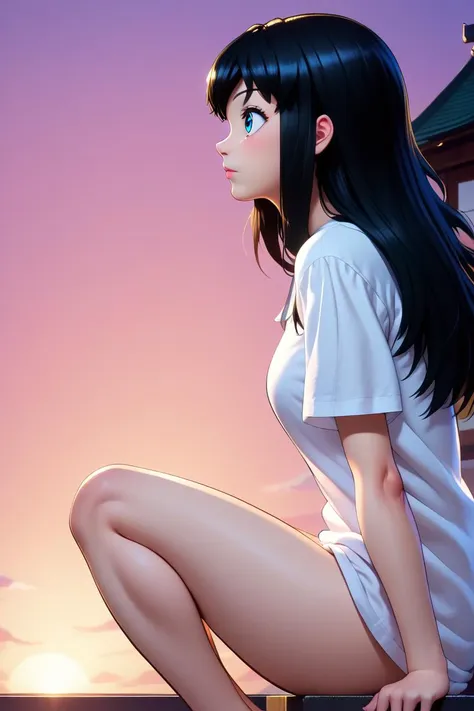 score_9, score_8_up, score_7_up,score_6_up,score_5_up,score_4_up, suma, 1girl,from side, solo, blackhair, blue eyes,long hair, sitting, profile, rooftop,east asian architecture,japanese architecture, looking ahead, sunset, white t-shirt,oversized clothes,knee up, no pants  <lora:SumaPony_v1:1>