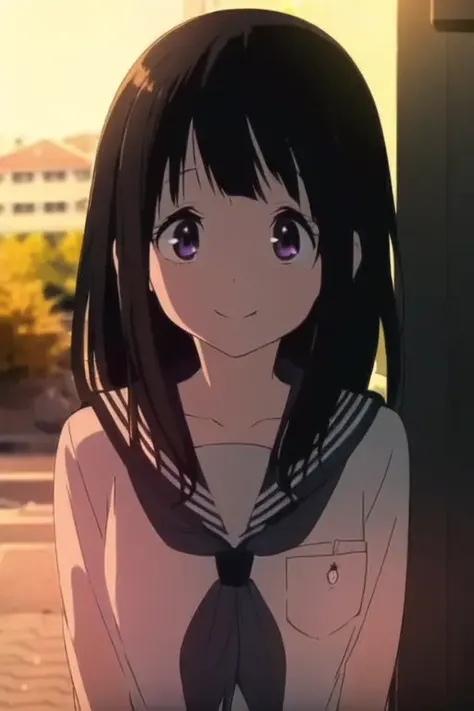 <lora:chitanda_eru_v3-000003:1>, masterpiece, best quality, chitanda_eru, closed_mouth, collarbone, looking_at_viewer, neckerchief, outdoors, sailor_collar, school_uniform, serafuku, smile, solo, upper_body, roadside