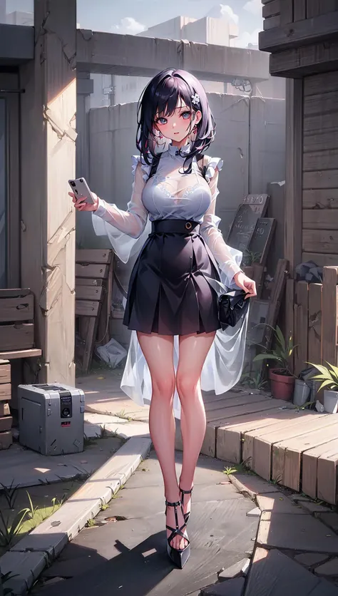 ((((ultra illustrated style:1.0)))),best quality,best animated,masterpiece,ray tracing, global illumination,see-through,1girl, solo, standing, full body, looking at viewer, outdoors,skirt, high heels, <lora:bra visible through white shirt:1>